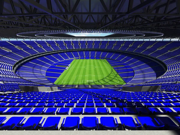 Rendering 3D di un calcio rotondo - stadio di calcio con sedili blu — Foto Stock