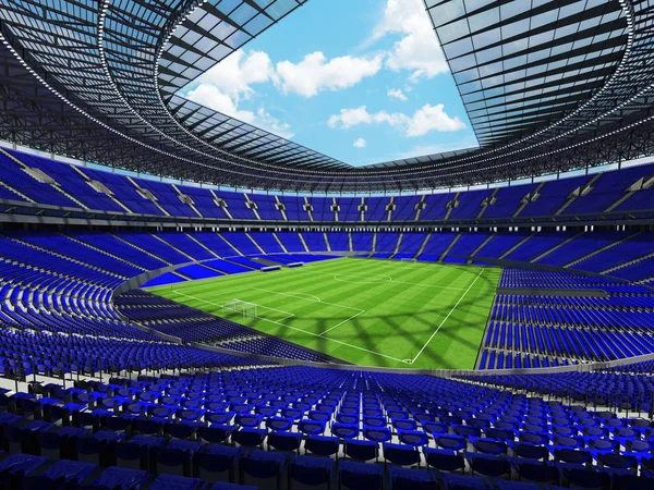 Rendu 3D d'un football rond - stade de football avec des sièges bleus — Photo