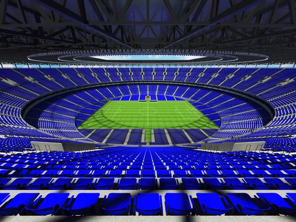 Representación 3D de un fútbol redondo - estadio de fútbol con asientos azules — Foto de Stock