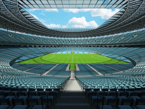 Rendu 3D d'un football rond - stade de football avec des sièges bleu ciel — Photo