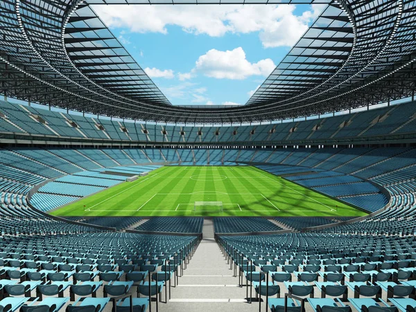 yuvarlak bir futbol - Futbol Stadyumu gökyüzü mavi koltuklar ile 3D render