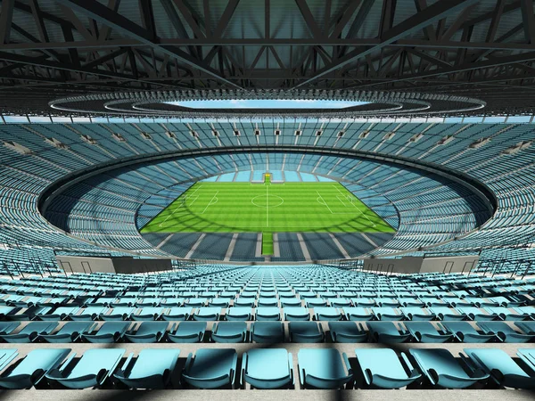 Representación 3D de un balón de fútbol redondo - estadio de fútbol con asientos de color azul cielo — Foto de Stock