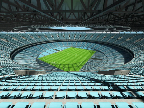 Representación 3D de un balón de fútbol redondo - estadio de fútbol con asientos de color azul cielo —  Fotos de Stock