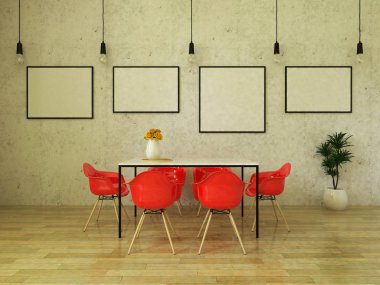 güzel yemek masası parlak kırmızı sandalye ile 3D render