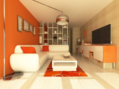 3D render güzel modern oturma odası iç turuncu duvar ve beyaz mobilya 