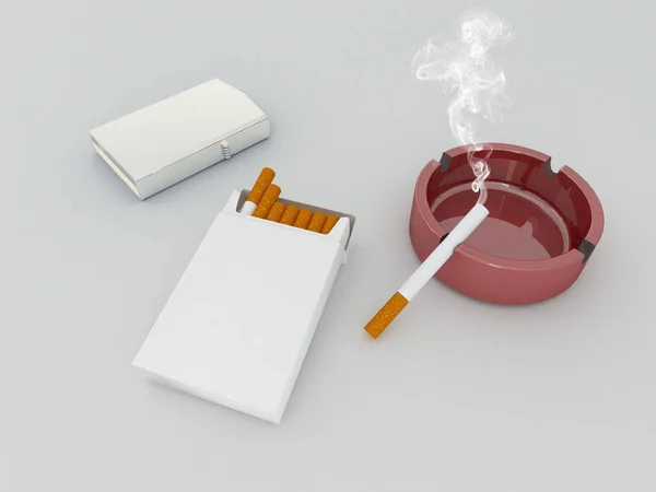 Beyaz bir karton sigara, gümüş daha hafif ve kırmızı küllük 3D render