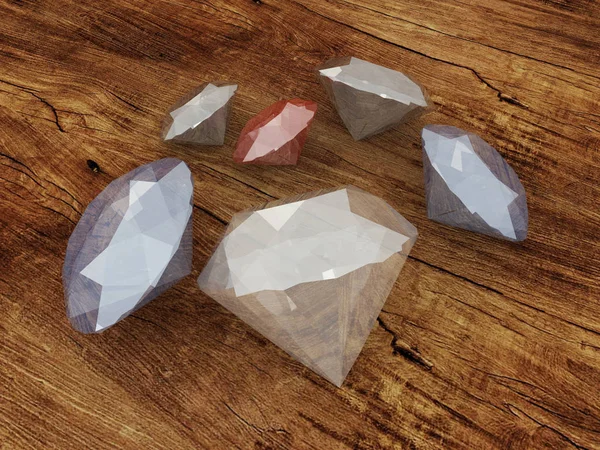 3D render of a cluster of gems rubies on a wooden surface — Stock Photo, Image
