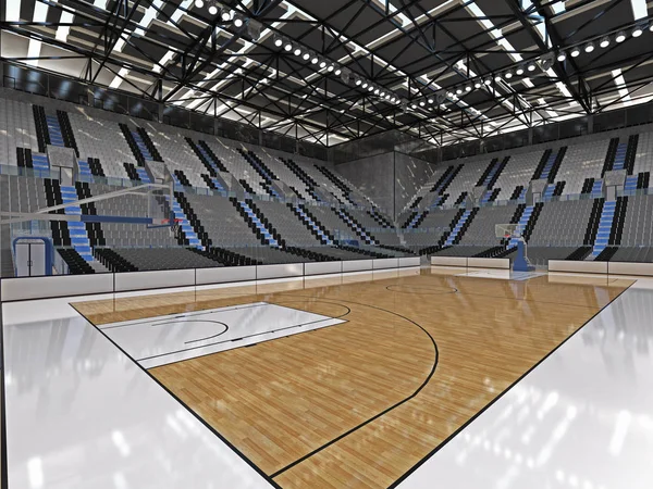 3D render of beautiful sports arena for basketball with floodlights and gray grey seats and VIP boxes for ten thousand people