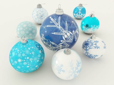güzel mavi ve beyaz tatil dekorasyon baubles beyaz arka plan üzerinde 3D render