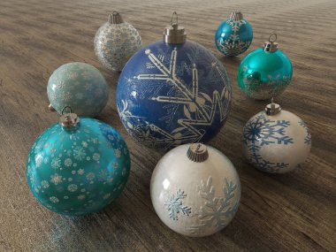 güzel mavi ve beyaz tatil dekorasyon baubles ahşap arka plan üzerinde 3D render