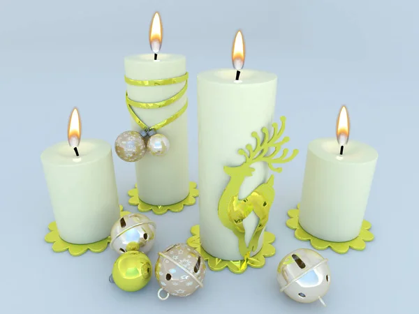 3D render of white candles with Christmas decorations on white background