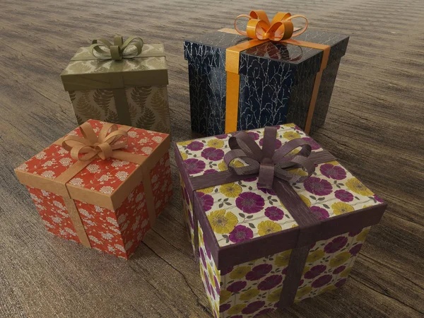 3D-Rendering eines bunt verpackten Weihnachtsgeschenks mit Bändern auf Holzgrund — Stockfoto