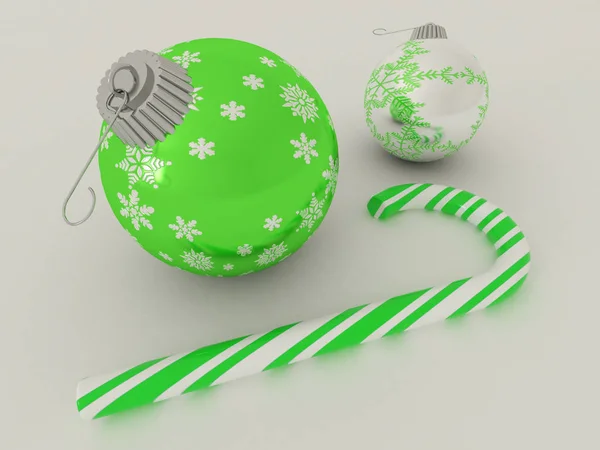 3D render ของสีเขียวและเงินตกแต่งวันหยุด baubles กับอ้อยลูกอมบนพื้นหลังไม้ — ภาพถ่ายสต็อก