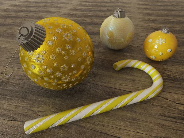 Rendu 3D de boules de décoration de vacances blanches et dorées avec canne à bonbons sur fond en bois — Photo