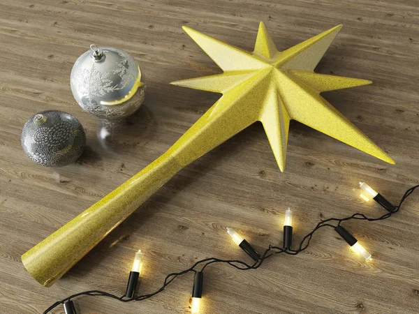 3D καθιστούν ένα χρυσό αστέρι των Χριστουγέννων πούλιες διακόσμησης με μαύρο φώτα — Φωτογραφία Αρχείου