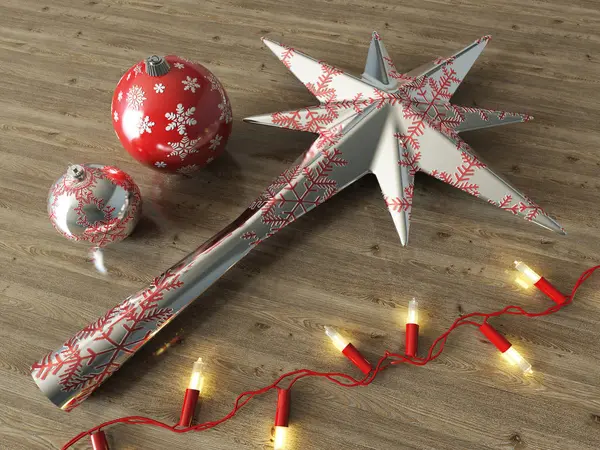 3D καθιστούν ένα ασημένιο αστέρι των Χριστουγέννων πούλιες διακόσμησης με κόκκινα φώτα — Φωτογραφία Αρχείου