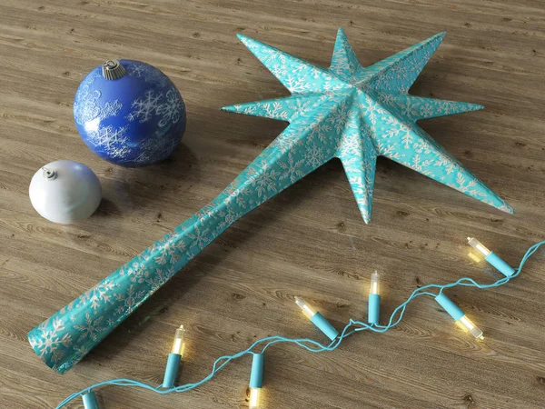 3D render ของดาวสีฟ้าและลูกบอลตกแต่งคริสต์มาสด้วยแสงสีฟ้าท้องฟ้า — ภาพถ่ายสต็อก