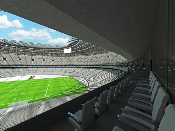 Beautiful modern round rugby stadium with  white chairs and VIP boxes for hundred thousand fans