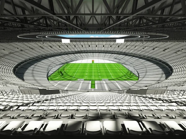 Beautiful modern round rugby stadium with  white chairs and VIP boxes for hundred thousand fans