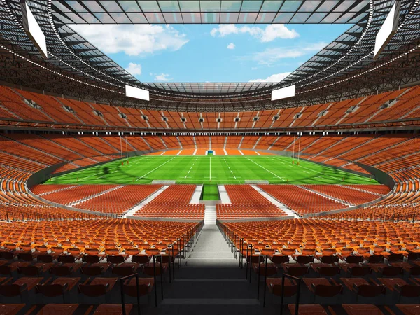 Round rugby stadium with orange seats for hundred thousand fans with VIP boxes