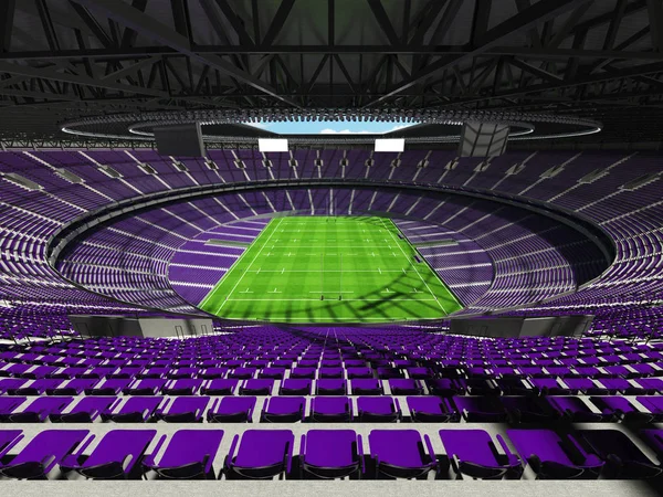 Round rugby stadium with purple seats for hundred thousand fans with VIP boxes