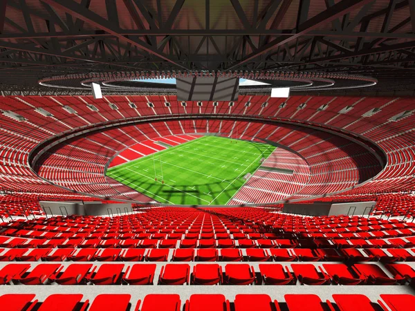 Round rugby stadium with red seats for hundred thousand fans with VIP boxes