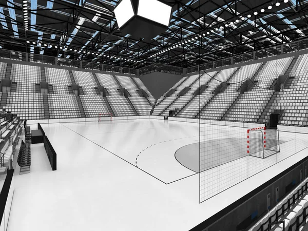 Modern sports arena for handball with white seats and VIP boxes for ten thousand fans