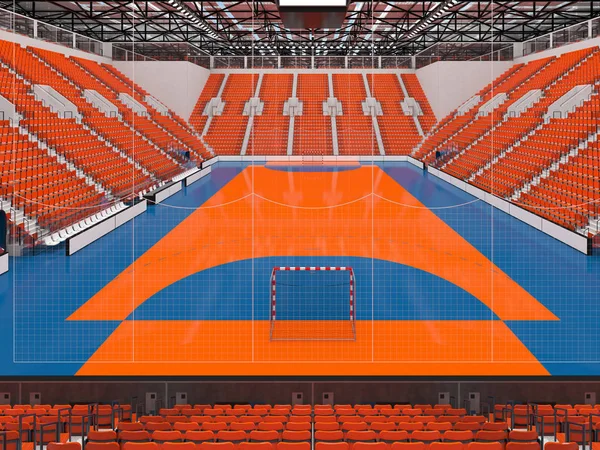 Modern sports arena for handball with orange seats and VIP boxes for ten thousand fans