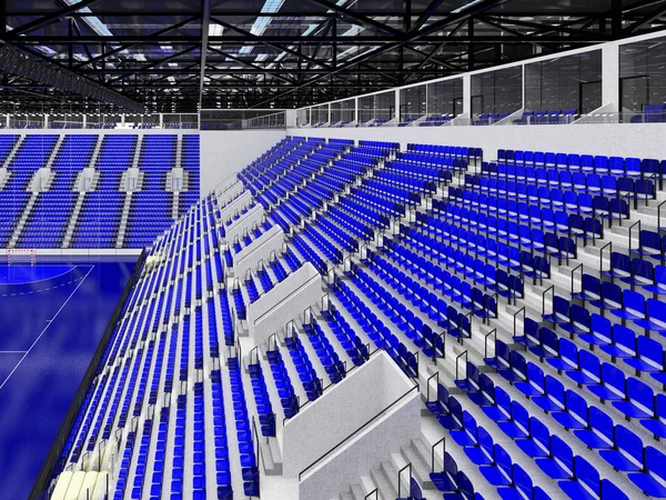 Modern sports arena for handball with blue seats and VIP boxes for ten thousand fans