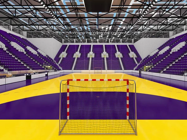 Modern sports arena for handball with purple seats and VIP boxes for ten thousand fans