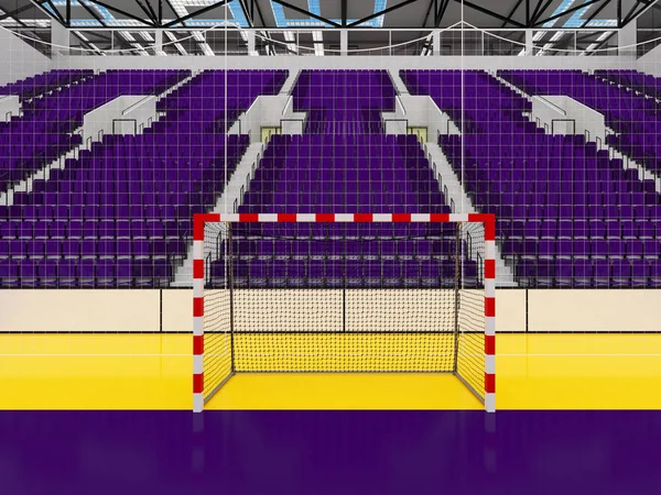 Modern sports arena for handball with purple seats and VIP boxes for ten thousand fans