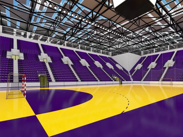 Modern sports arena for handball with purple seats and VIP boxes for ten thousand fans