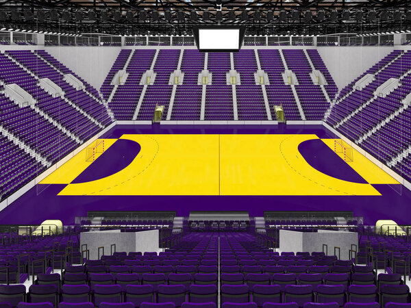 Modern sports arena for handball with purple seats and VIP boxes for ten thousand fans