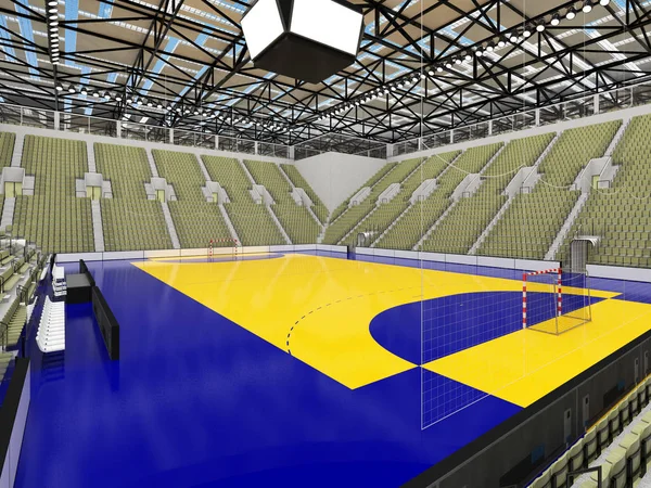 Modern sports arena for handball with gray olive green seats and VIP boxes for ten thousand fans