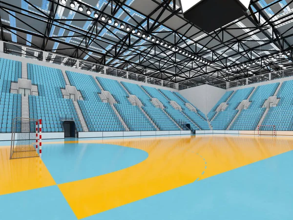 Modern sports arena for handball with sky blue seats and VIP boxes for ten thousand fans