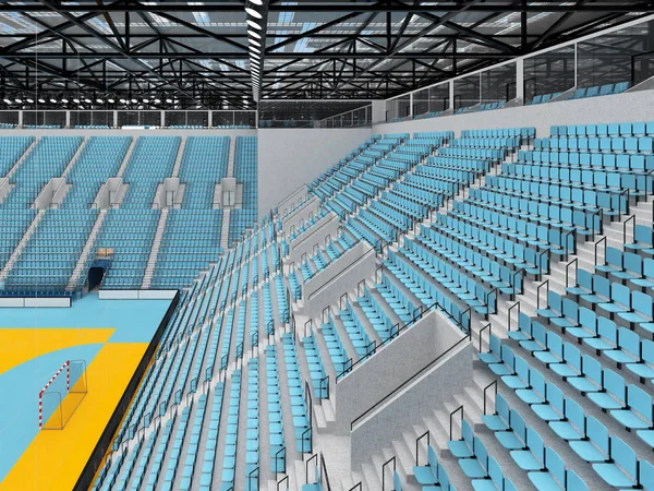 Modern sports arena for handball with sky blue seats and VIP boxes for ten thousand fans