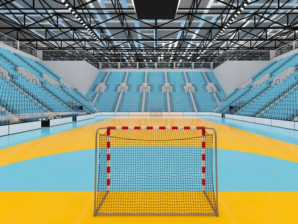 Moderne Handball-Arena mit himmelblauen Sitzen und VIP-Logen für zehntausend Fans Stockbild