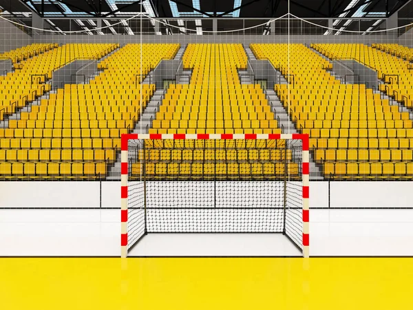 3D render of beautiful  sports arena for handball with yellow seats and VIP boxes