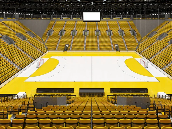 3D render of beautiful  sports arena for handball with yellow seats and VIP boxes