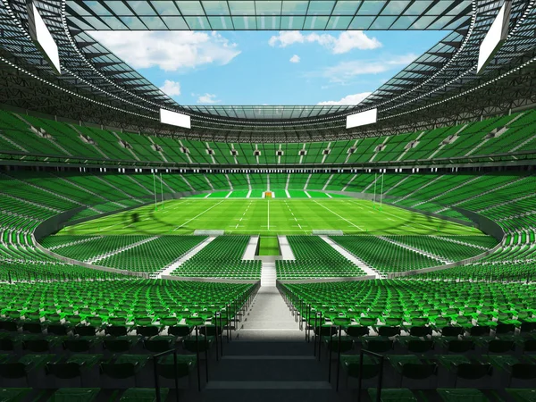 Round rugby stadium with green seats and VIP boxes for hundred thousand fans