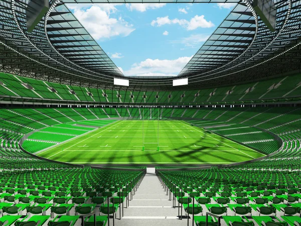 Yuvarlak rugby stadyum yeşil koltuklar ve VIP kutuları yüz bin hayranları için 