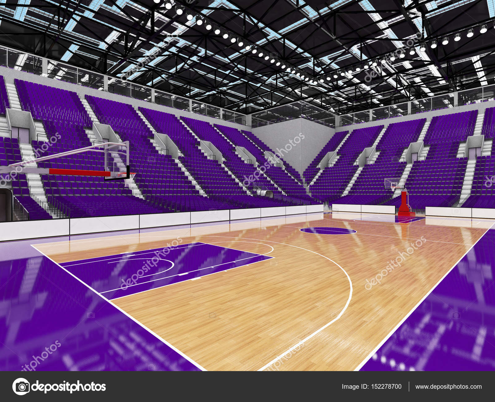 Beautiful modern sport arena for basketball with VIP boxes lights and