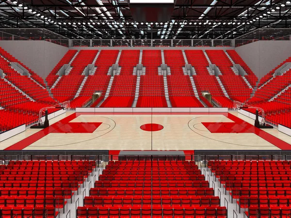 Bonita arena esportiva moderna para basquete com luzes de caixas VIP e assentos vermelhos para dez mil fãs — Fotografia de Stock