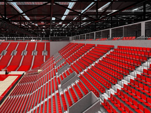 Beautiful modern sport arena for basketball with VIP boxes lights and red seats for ten thousand fans