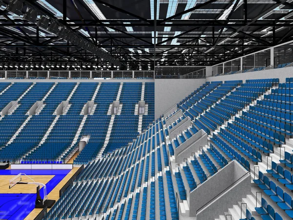 Beautiful modern sport arena for basketball with VIP boxes lights and blue seats for ten thousand fans