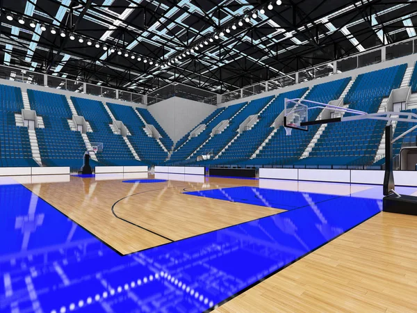 Bonita arena esportiva moderna para basquete com luzes de caixas VIP e assentos azuis para dez mil fãs — Fotografia de Stock