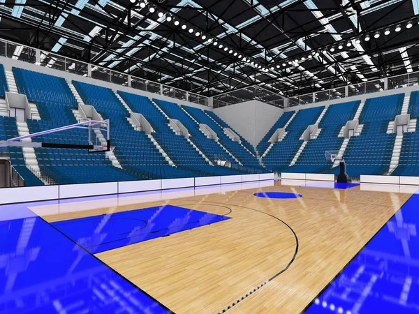 Beautiful modern sport arena for basketball with VIP boxes lights and blue seats for ten thousand fans