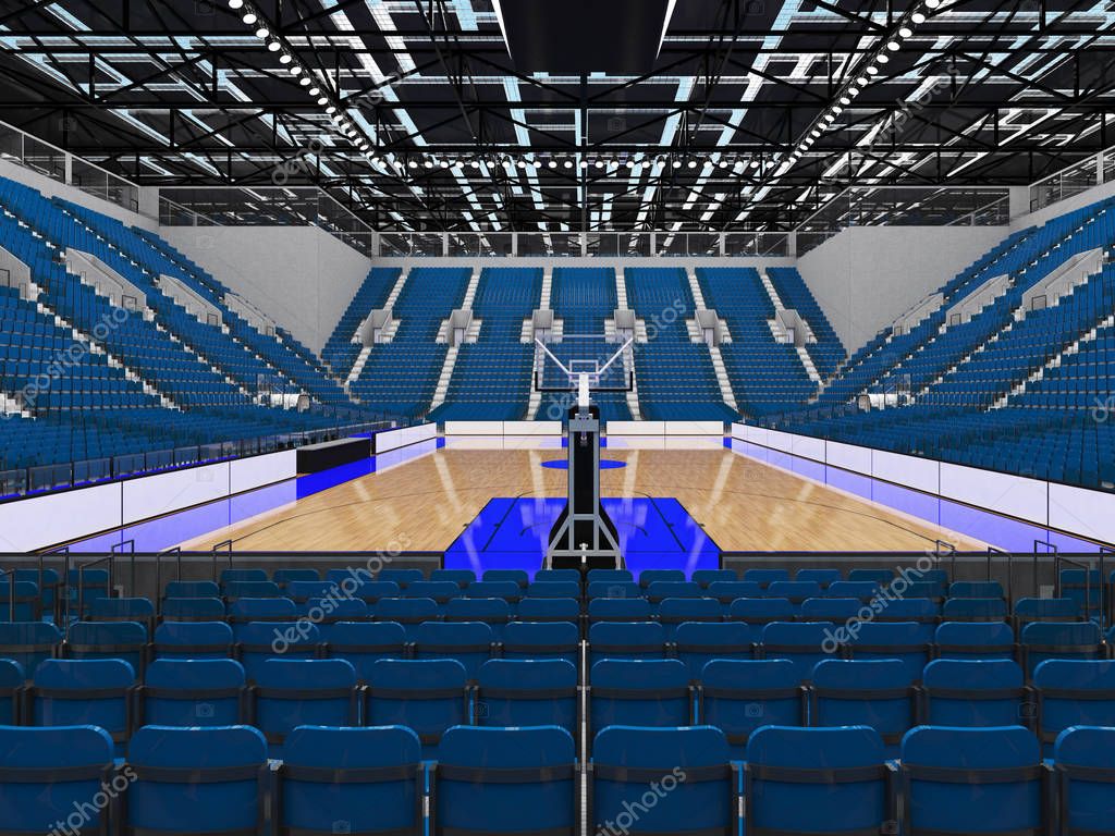 Hermosa arena deportiva moderna para baloncesto con cajas VIP luces y
