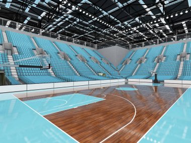Işıklar ve gökyüzü mavi koltuk on bin hayranları için VIP ile basketbol için güzel modern spor arena kutuları
