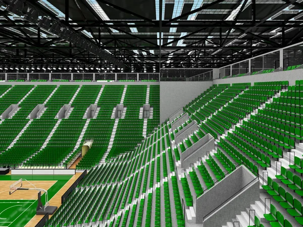 Gyönyörű modern sport arena kosárlabda VIP dobozok fények és a zöld hely tíz ezer rajongó — Stock Fotó